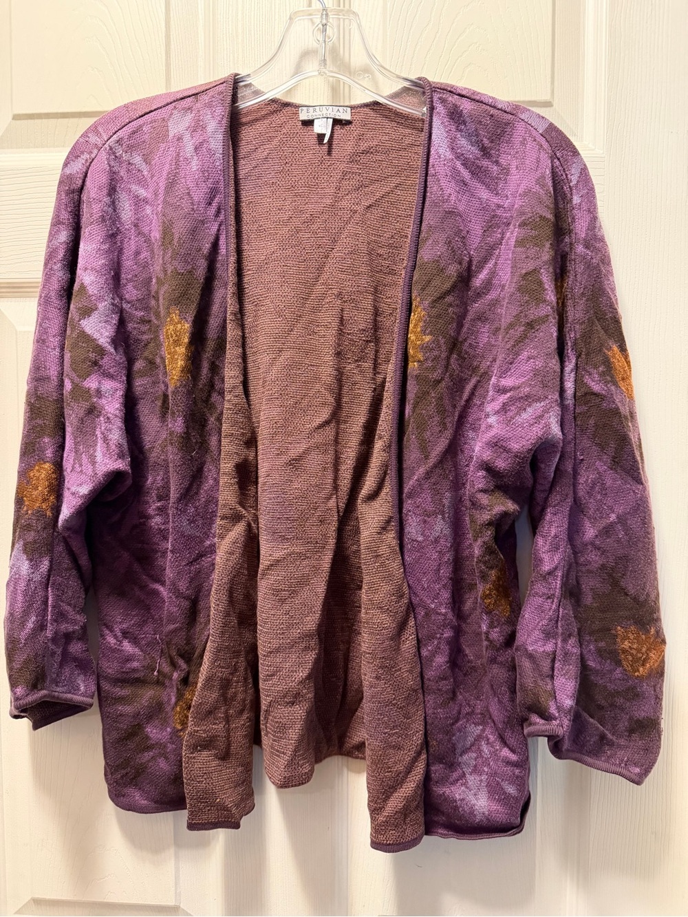Peruvian Connection Purple Floral Open-Front Cardigan with Golden Accents